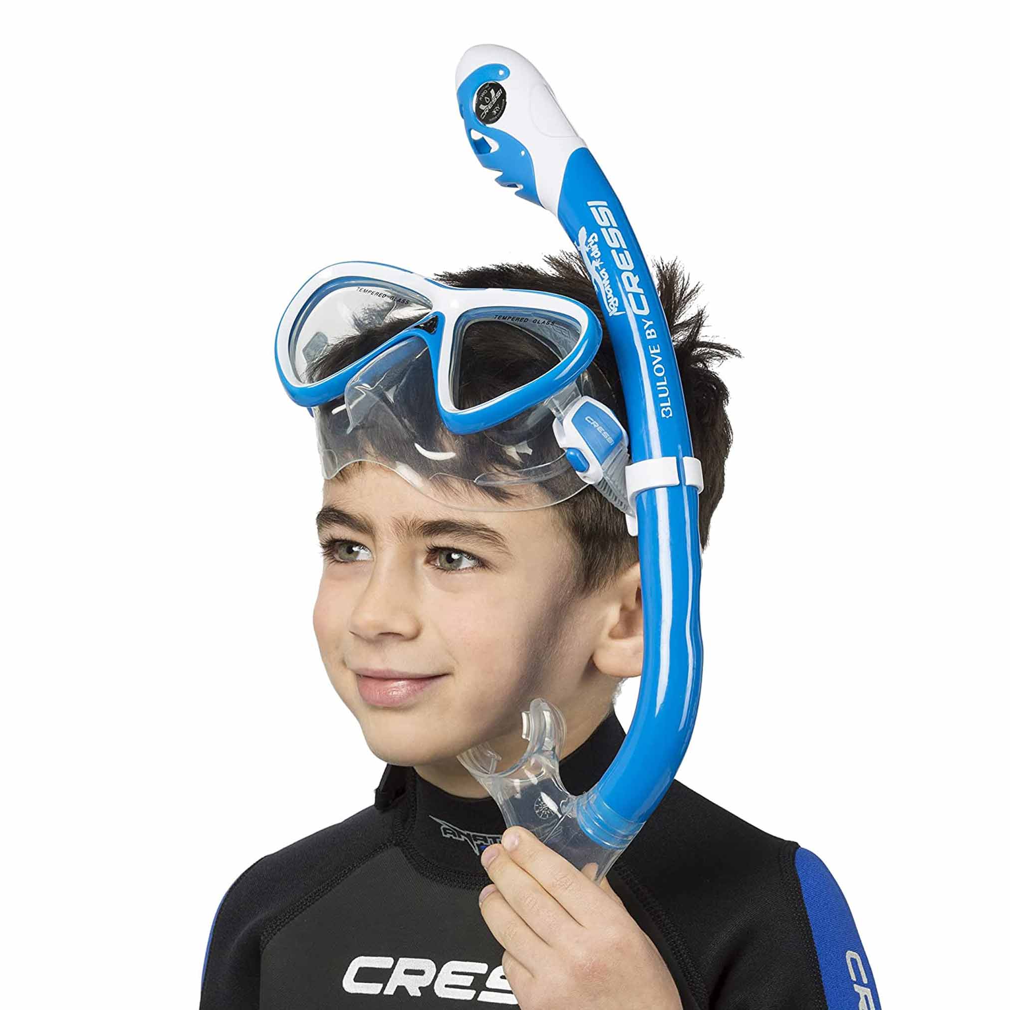 Cressi Junior Snorkeling Kit for Young Aged 3 to 10 - Mask + Dry Snorkel +  Adjustable Fins + Net Bag - Lightweight Colorful Equipment - Rocks Pro Dry