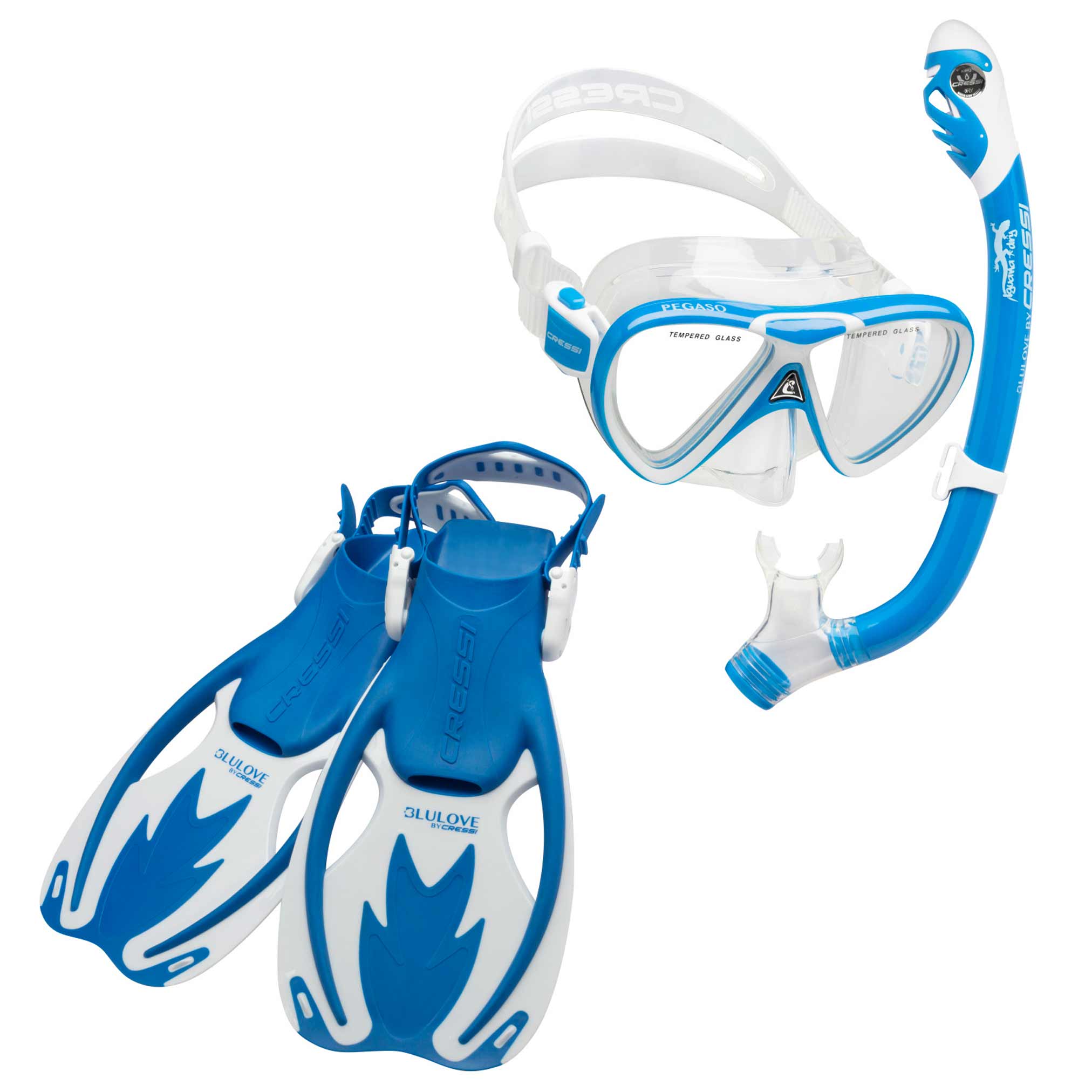 Cressi Junior Snorkeling Kit for Young Aged 3 to 10 - Mask + Dry Snorkel +  Adjustable Fins + Net Bag - Lightweight Colorful Equipment - Rocks Pro Dry